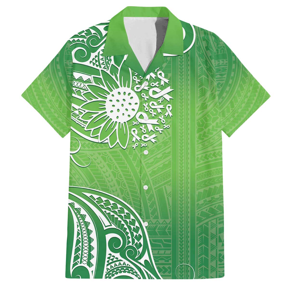 Polynesia Depression Awareness Family Matching Puletasi and Hawaiian Shirt Sunflower Green Ribbons Polynesian Tattoo