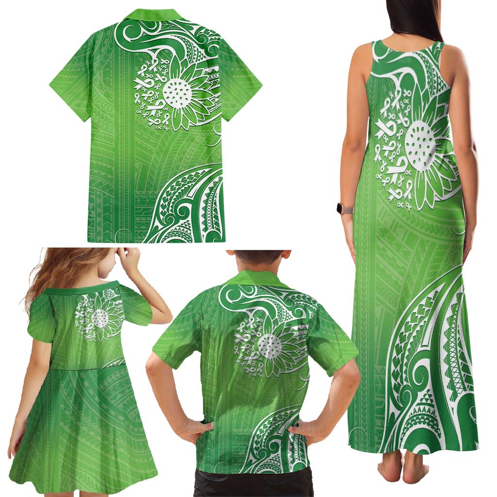 Polynesia Depression Awareness Family Matching Tank Maxi Dress and Hawaiian Shirt Sunflower Green Ribbons Polynesian Tattoo