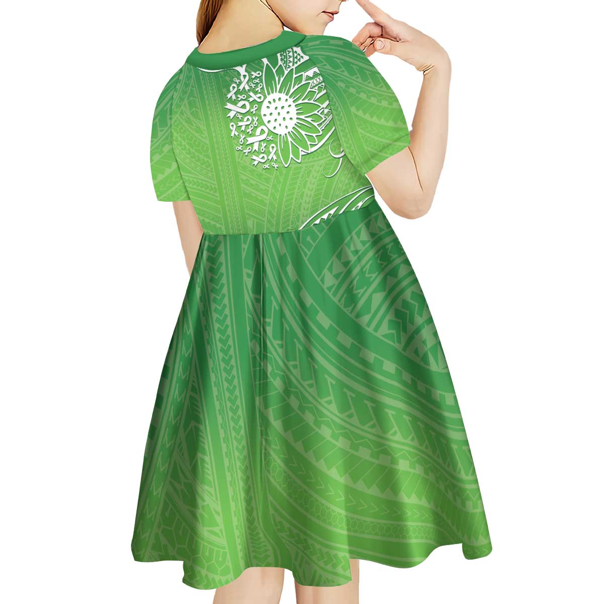 Polynesia Depression Awareness Kid Short Sleeve Dress Sunflower Green Ribbons Polynesian Tattoo