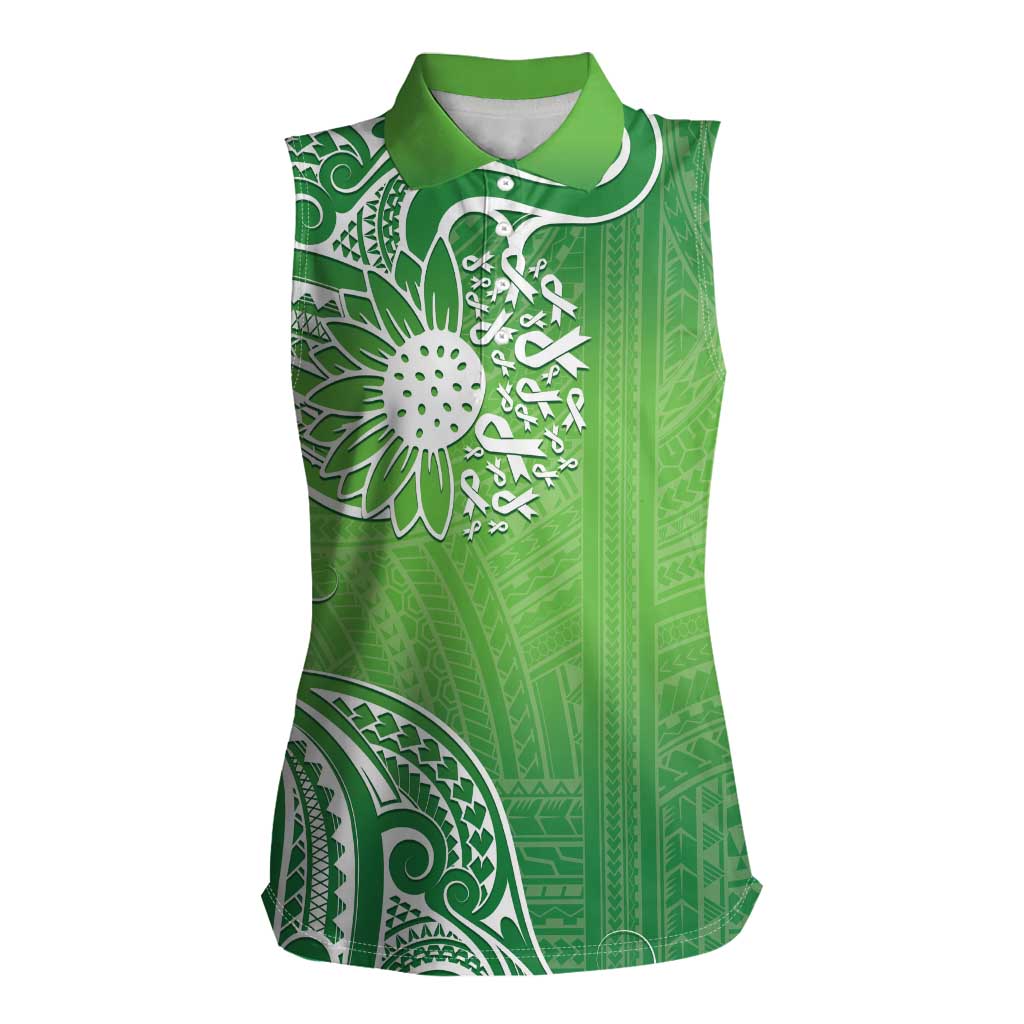 Polynesia Depression Awareness Women Sleeveless Polo Shirt Sunflower Green Ribbons Polynesian Tattoo