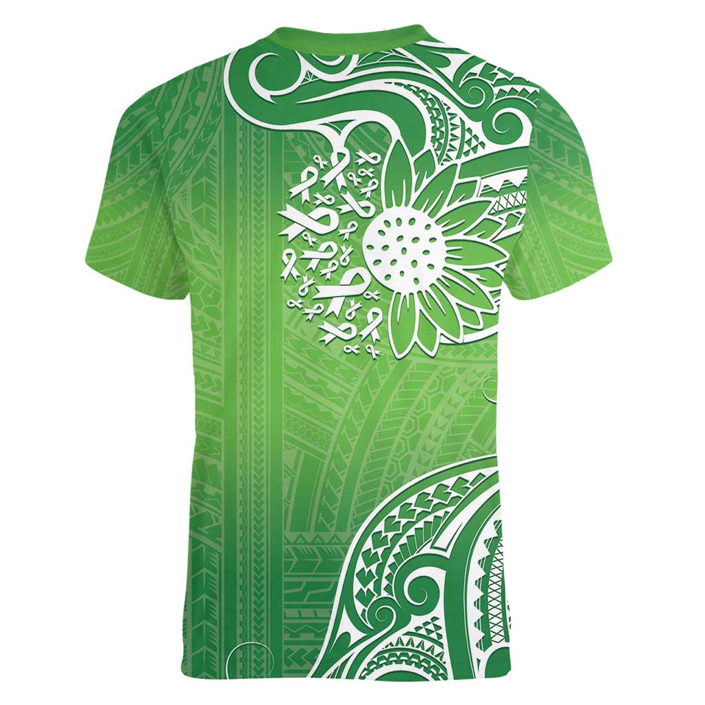 Polynesia Depression Awareness Women V-Neck T-Shirt Sunflower Green Ribbons Polynesian Tattoo