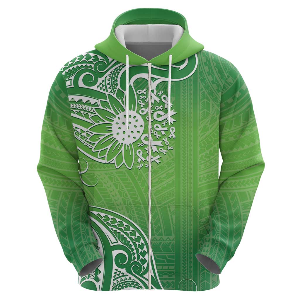 Polynesia Depression Awareness Zip Hoodie Sunflower Green Ribbons Polynesian Tattoo