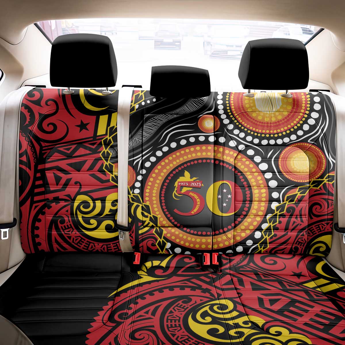 Celebrating 50 Years Papua New Guinea Back Car Seat Cover Aboriginal Mix Papuan Pattern - Polynesian Pride
