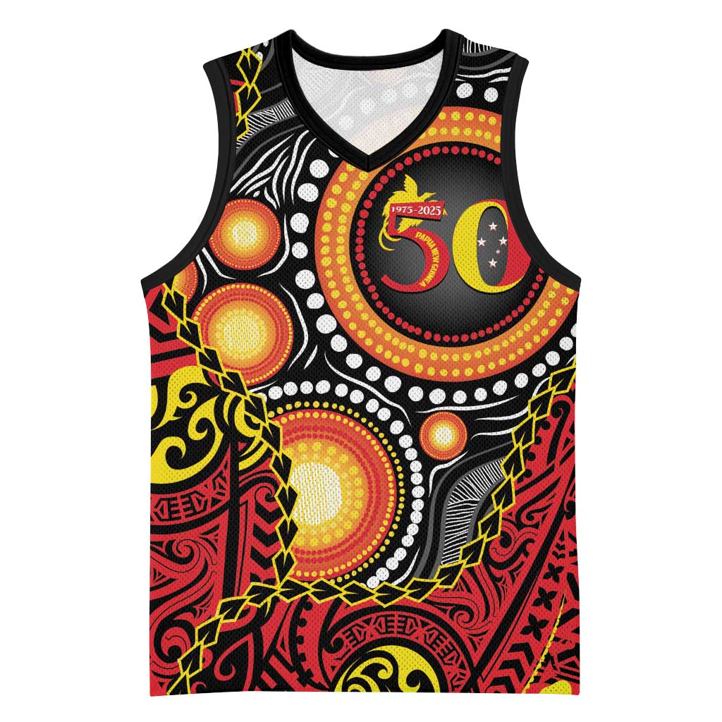 Celebrating 50 Years Papua New Guinea Basketball Jersey Aboriginal Mix Papuan Pattern - Polynesian Pride