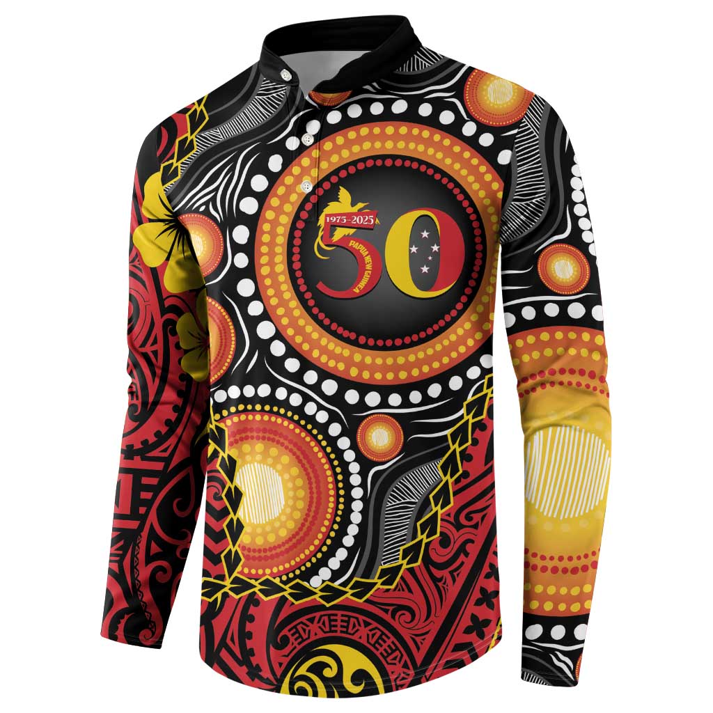 Celebrating 50 Years Papua New Guinea Button Sweatshirt Aboriginal Mix Papuan Pattern - Polynesian Pride