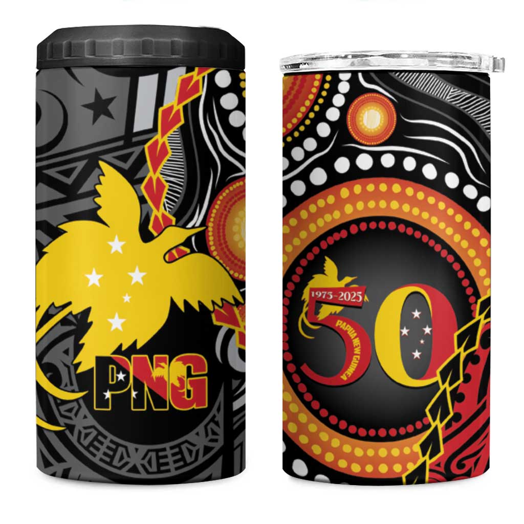 Celebrating 50 Years Papua New Guinea 4 in 1 Can Cooler Tumbler Aboriginal Mix Papuan Pattern - Polynesian Pride