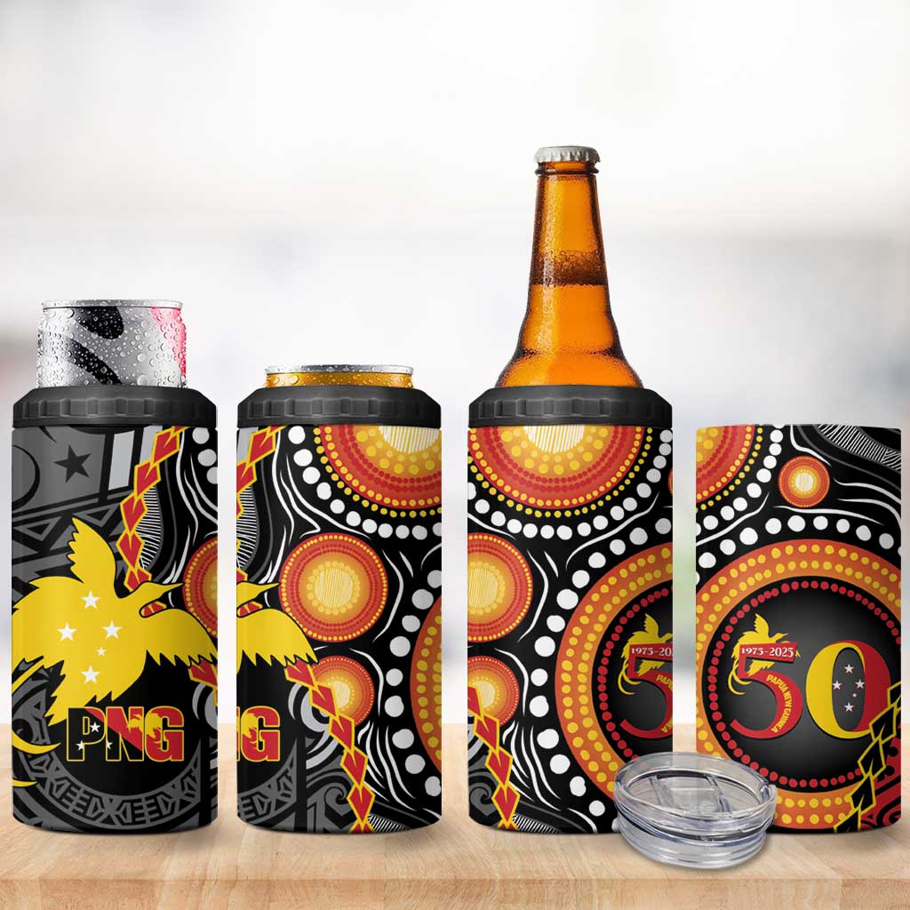 Celebrating 50 Years Papua New Guinea 4 in 1 Can Cooler Tumbler Aboriginal Mix Papuan Pattern - Polynesian Pride