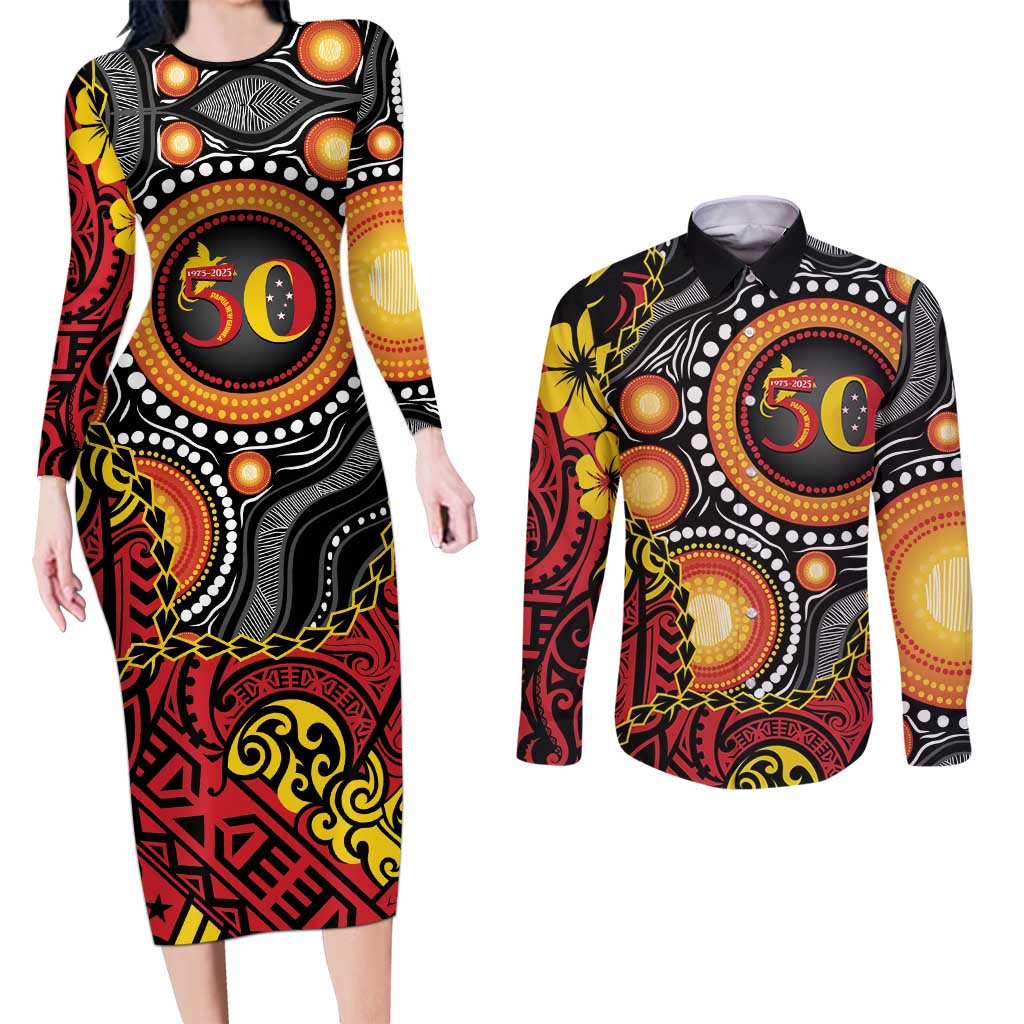 Celebrating 50 Years Papua New Guinea Couples Matching Long Sleeve Bodycon Dress and Long Sleeve Button Shirt Aboriginal Mix Papuan Pattern - Polynesian Pride