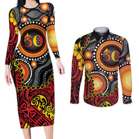 Celebrating 50 Years Papua New Guinea Couples Matching Long Sleeve Bodycon Dress and Long Sleeve Button Shirt Aboriginal Mix Papuan Pattern - Polynesian Pride