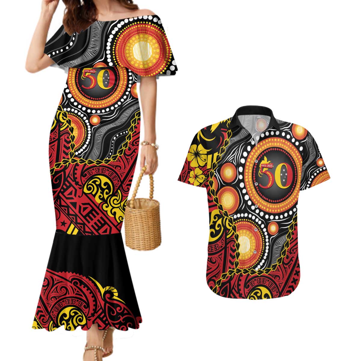 Celebrating 50 Years Papua New Guinea Couples Matching Mermaid Dress and Hawaiian Shirt Aboriginal Mix Papuan Pattern - Polynesian Pride