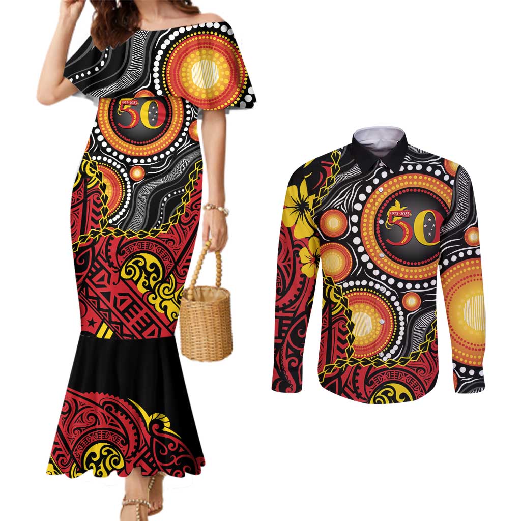Celebrating 50 Years Papua New Guinea Couples Matching Mermaid Dress and Long Sleeve Button Shirt Aboriginal Mix Papuan Pattern - Polynesian Pride