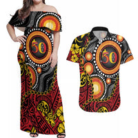 Celebrating 50 Years Papua New Guinea Couples Matching Off Shoulder Maxi Dress and Hawaiian Shirt Aboriginal Mix Papuan Pattern - Polynesian Pride