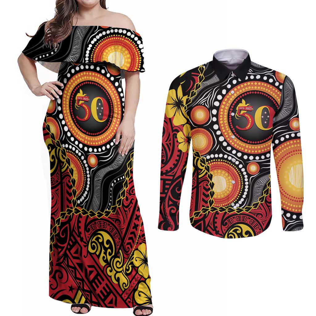 Celebrating 50 Years Papua New Guinea Couples Matching Off Shoulder Maxi Dress and Long Sleeve Button Shirt Aboriginal Mix Papuan Pattern - Polynesian Pride