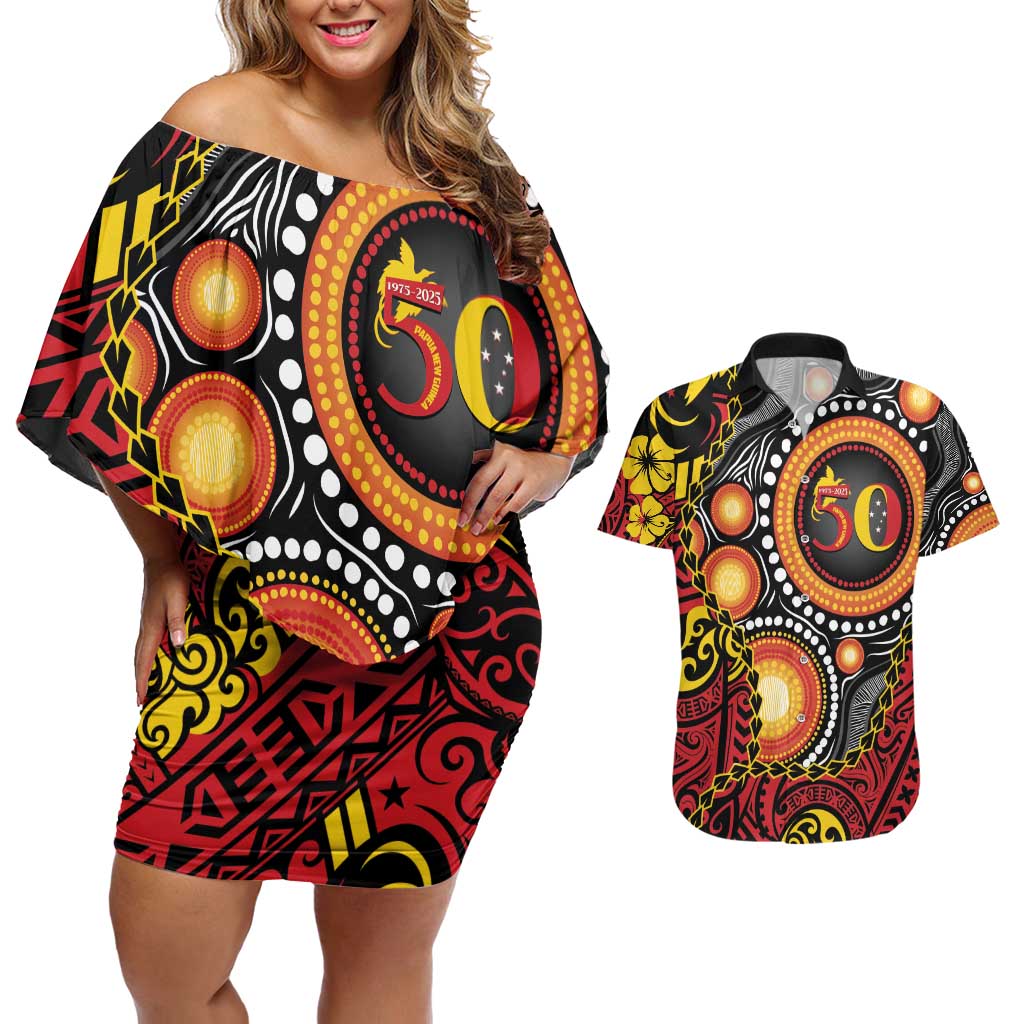 Celebrating 50 Years Papua New Guinea Couples Matching Off Shoulder Short Dress and Hawaiian Shirt Aboriginal Mix Papuan Pattern - Polynesian Pride
