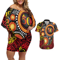 Celebrating 50 Years Papua New Guinea Couples Matching Off Shoulder Short Dress and Hawaiian Shirt Aboriginal Mix Papuan Pattern - Polynesian Pride