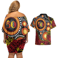 Celebrating 50 Years Papua New Guinea Couples Matching Off Shoulder Short Dress and Hawaiian Shirt Aboriginal Mix Papuan Pattern - Polynesian Pride