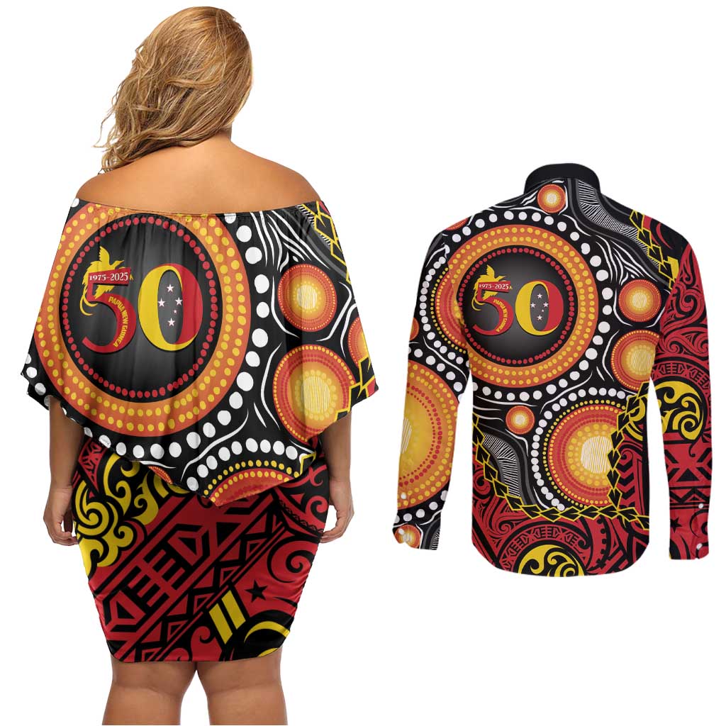 Celebrating 50 Years Papua New Guinea Couples Matching Off Shoulder Short Dress and Long Sleeve Button Shirt Aboriginal Mix Papuan Pattern - Polynesian Pride
