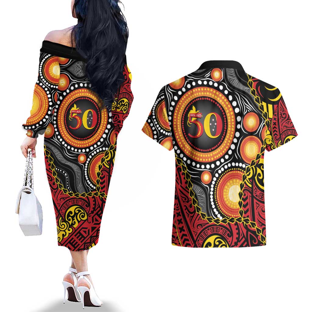 Celebrating 50 Years Papua New Guinea Couples Matching Off The Shoulder Long Sleeve Dress and Hawaiian Shirt Aboriginal Mix Papuan Pattern - Polynesian Pride
