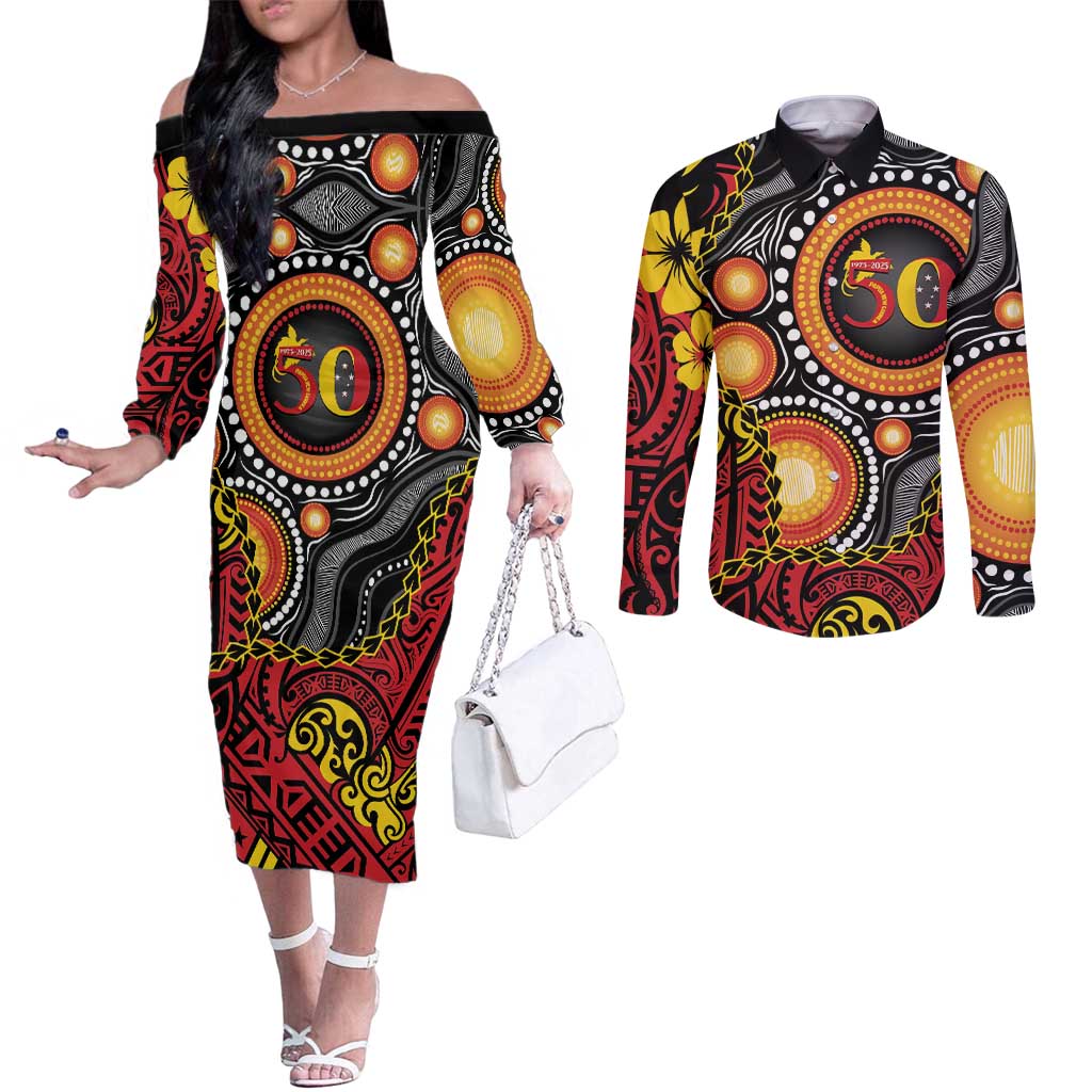 Celebrating 50 Years Papua New Guinea Couples Matching Off The Shoulder Long Sleeve Dress and Long Sleeve Button Shirt Aboriginal Mix Papuan Pattern - Polynesian Pride