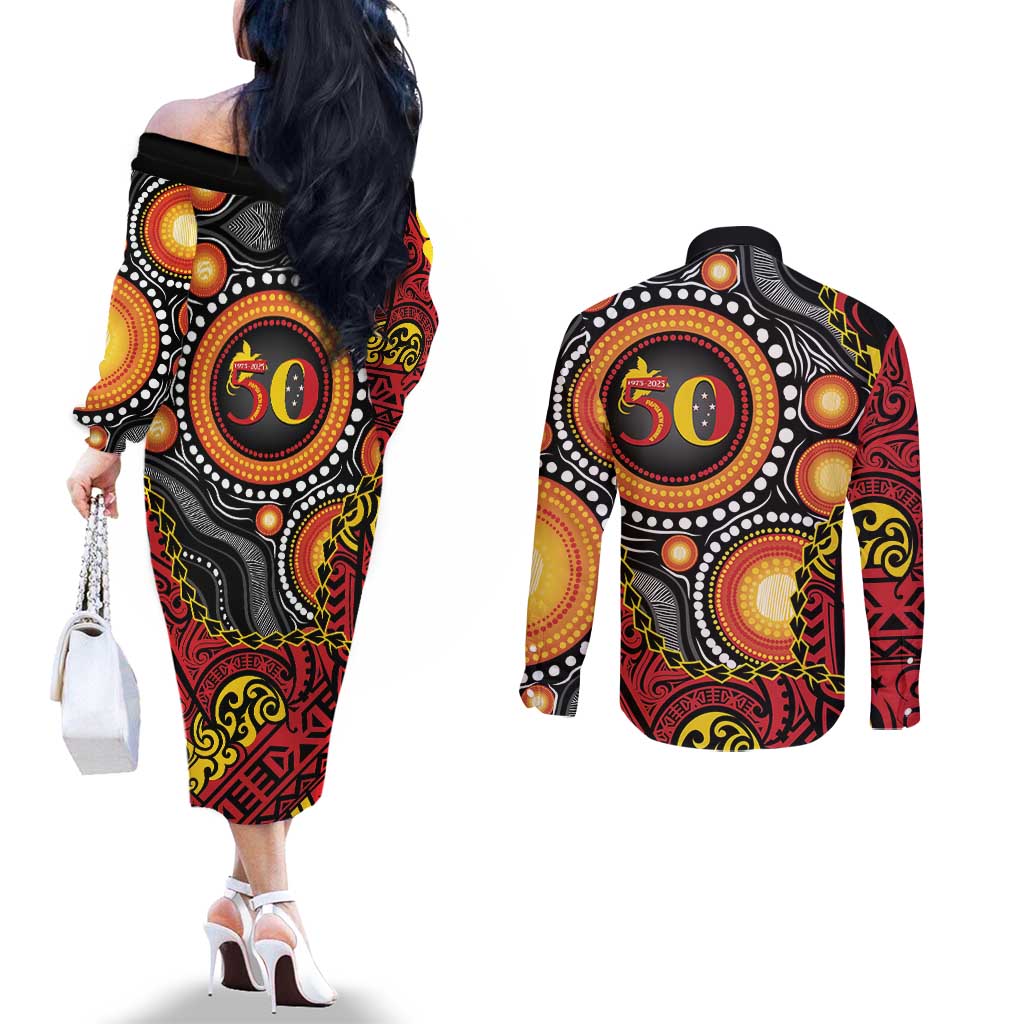 Celebrating 50 Years Papua New Guinea Couples Matching Off The Shoulder Long Sleeve Dress and Long Sleeve Button Shirt Aboriginal Mix Papuan Pattern - Polynesian Pride