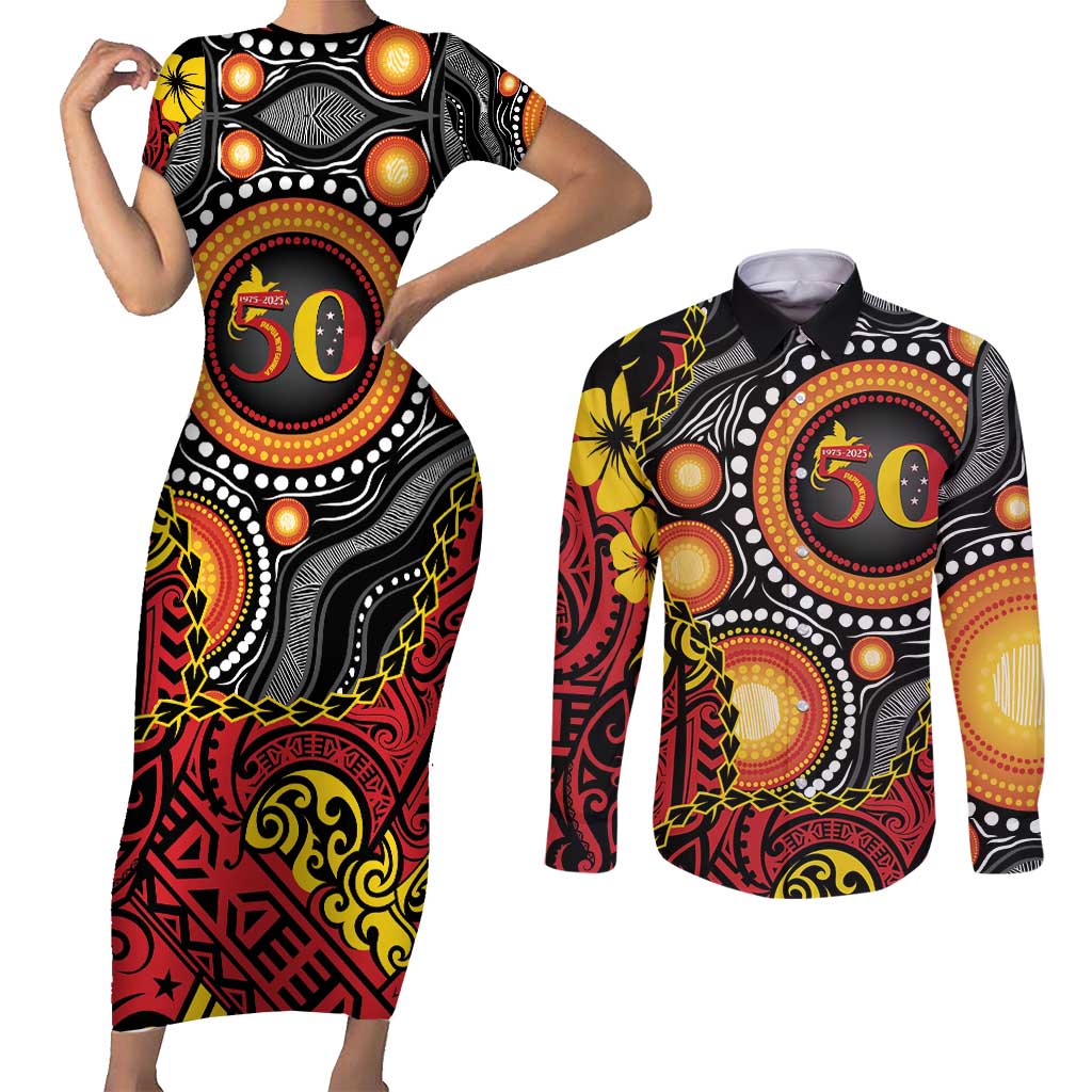 Celebrating 50 Years Papua New Guinea Couples Matching Short Sleeve Bodycon Dress and Long Sleeve Button Shirt Aboriginal Mix Papuan Pattern - Polynesian Pride