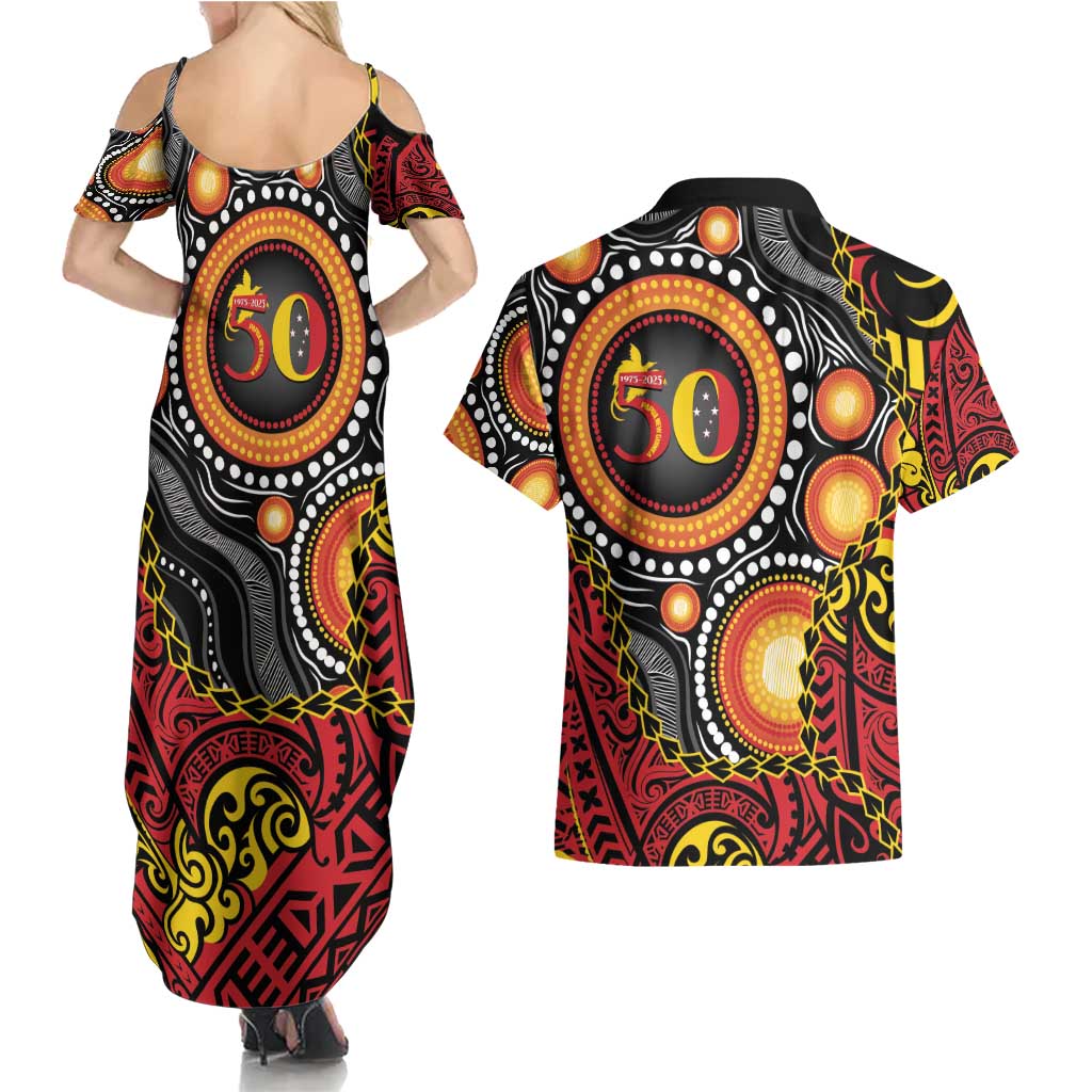 Celebrating 50 Years Papua New Guinea Couples Matching Summer Maxi Dress and Hawaiian Shirt Aboriginal Mix Papuan Pattern - Polynesian Pride