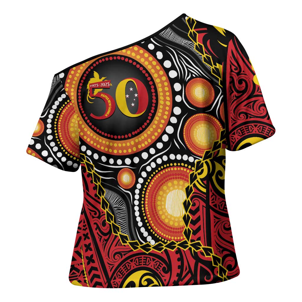 Celebrating 50 Years Papua New Guinea Cross Shoulder Shirt Aboriginal Mix Papuan Pattern - Polynesian Pride