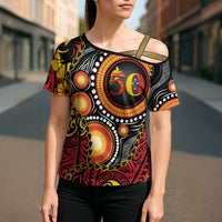Celebrating 50 Years Papua New Guinea Cross Shoulder Shirt Aboriginal Mix Papuan Pattern - Polynesian Pride