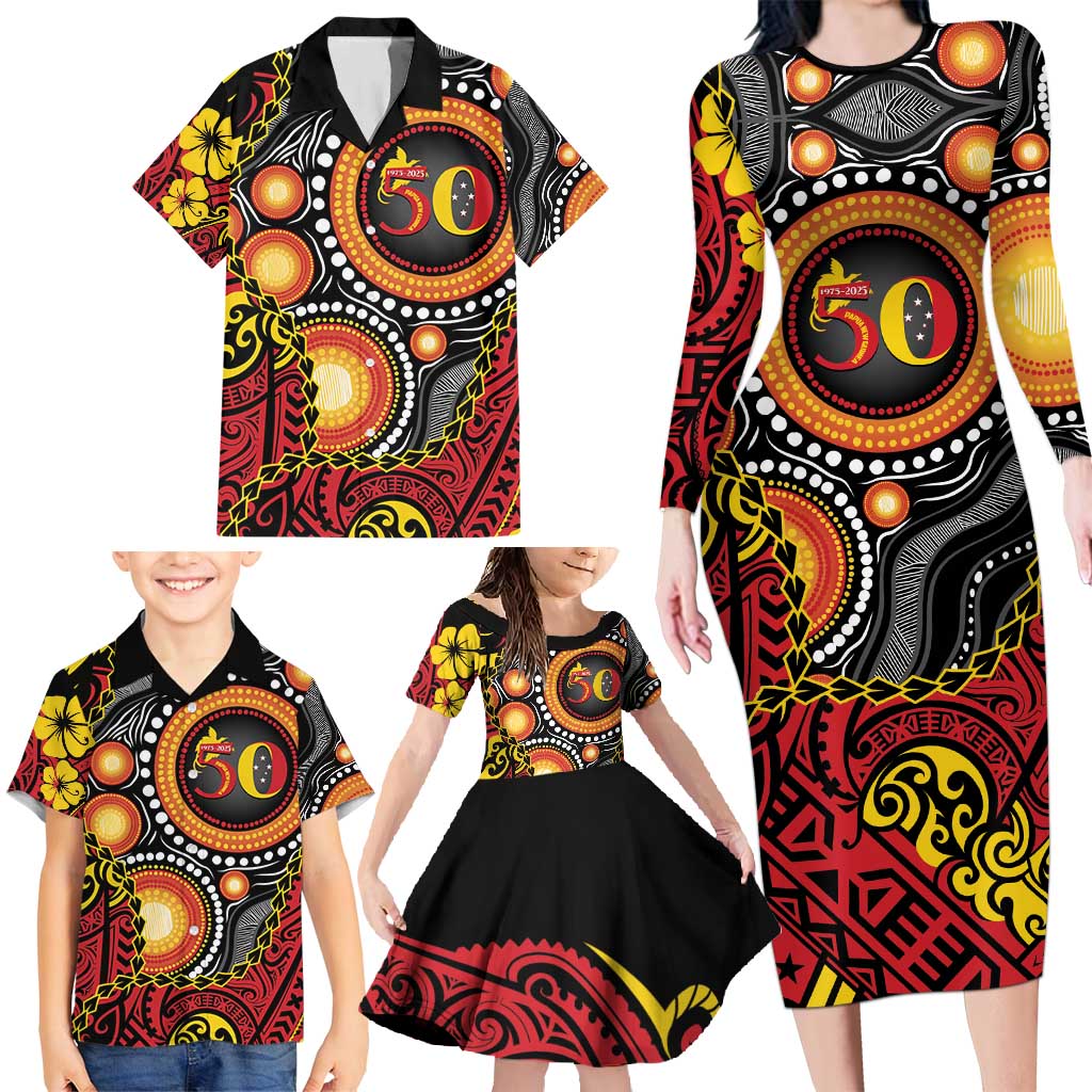 Celebrating 50 Years Papua New Guinea Family Matching Long Sleeve Bodycon Dress and Hawaiian Shirt Aboriginal Mix Papuan Pattern - Polynesian Pride