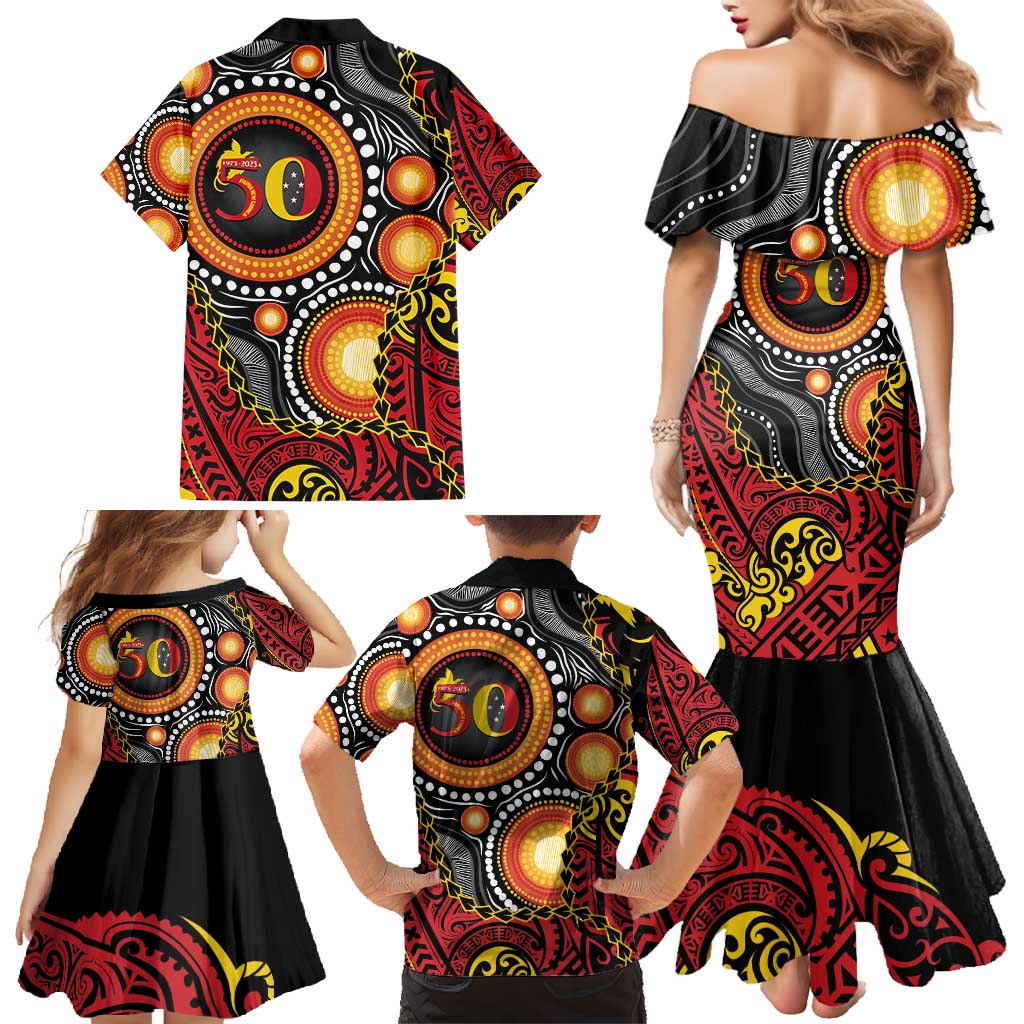 Celebrating 50 Years Papua New Guinea Family Matching Mermaid Dress and Hawaiian Shirt Aboriginal Mix Papuan Pattern - Polynesian Pride