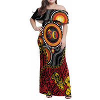 Celebrating 50 Years Papua New Guinea Family Matching Off Shoulder Maxi Dress and Hawaiian Shirt Aboriginal Mix Papuan Pattern - Polynesian Pride