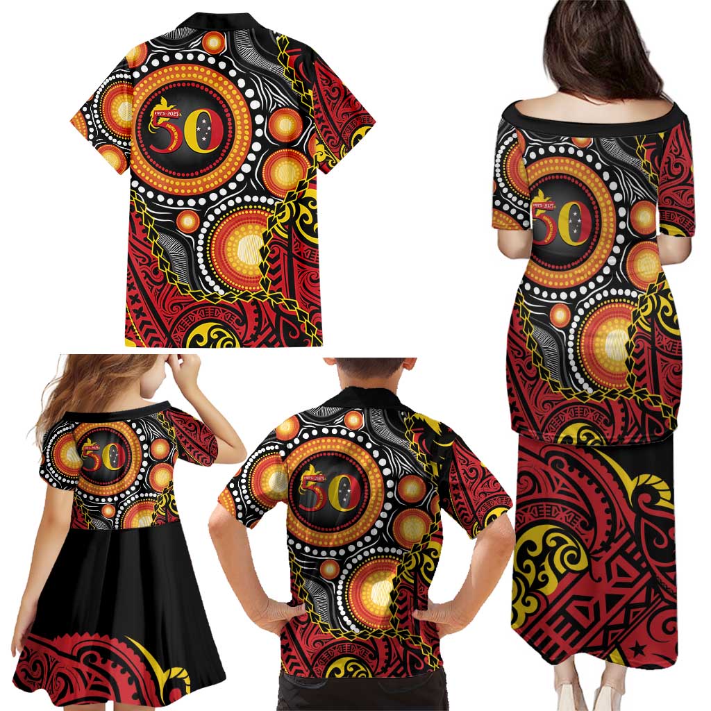 Celebrating 50 Years Papua New Guinea Family Matching Puletasi and Hawaiian Shirt Aboriginal Mix Papuan Pattern - Polynesian Pride