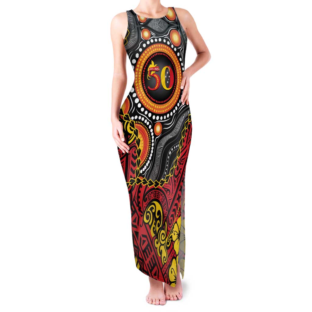 Celebrating 50 Years Papua New Guinea Family Matching Tank Maxi Dress and Hawaiian Shirt Aboriginal Mix Papuan Pattern - Polynesian Pride