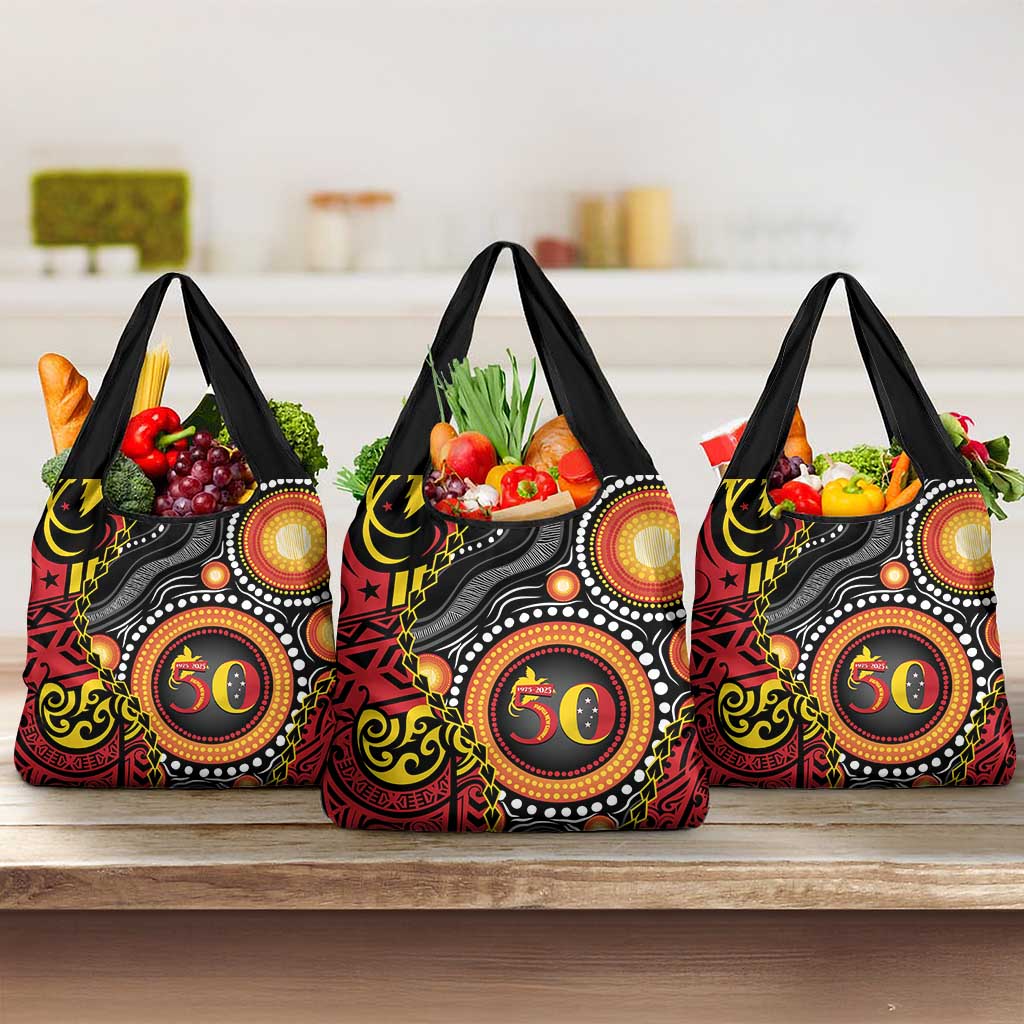 Celebrating 50 Years Papua New Guinea Grocery Bag Aboriginal Mix Papuan Pattern - Polynesian Pride