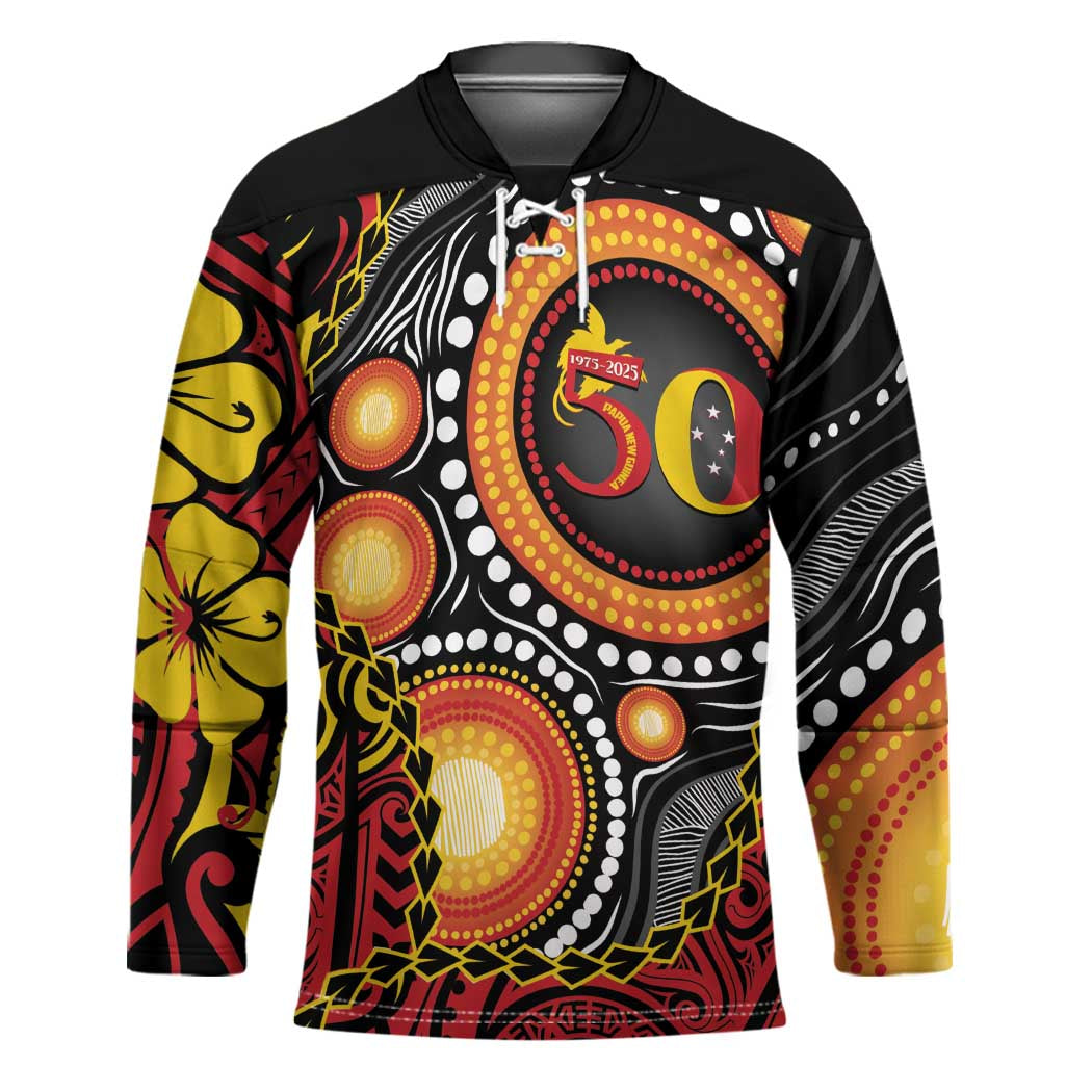 Celebrating 50 Years Papua New Guinea Hockey Jersey Aboriginal Mix Papuan Pattern - Polynesian Pride