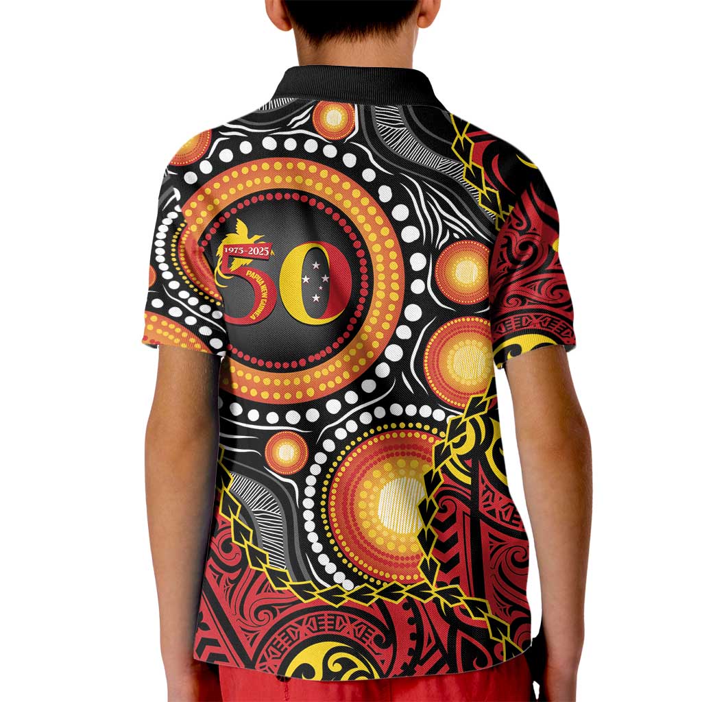 Celebrating 50 Years Papua New Guinea Kid Polo Shirt Aboriginal Mix Papuan Pattern - Polynesian Pride