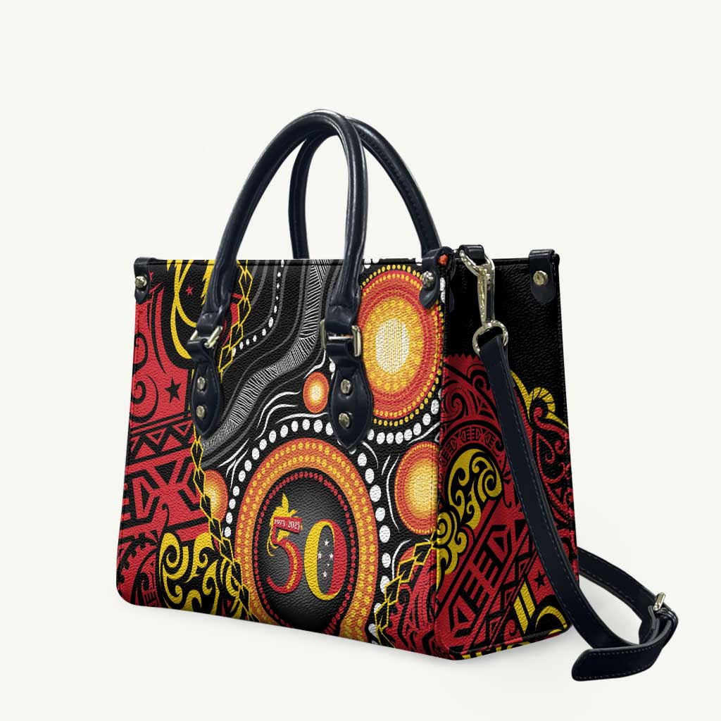 Celebrating 50 Years Papua New Guinea Leather Bag Aboriginal Mix Papuan Pattern - Polynesian Pride