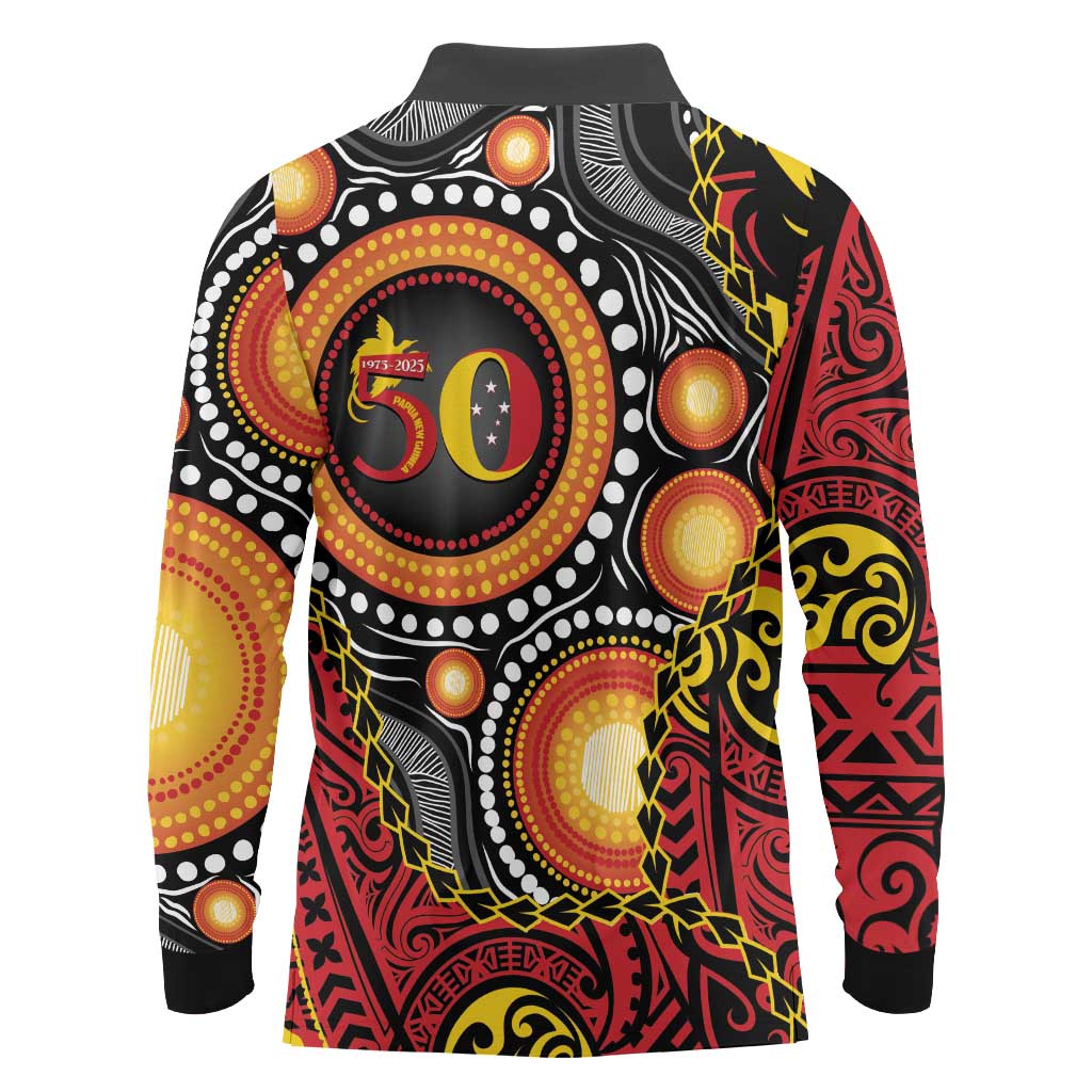 Celebrating 50 Years Papua New Guinea Long Sleeve Polo Shirt Aboriginal Mix Papuan Pattern - Polynesian Pride