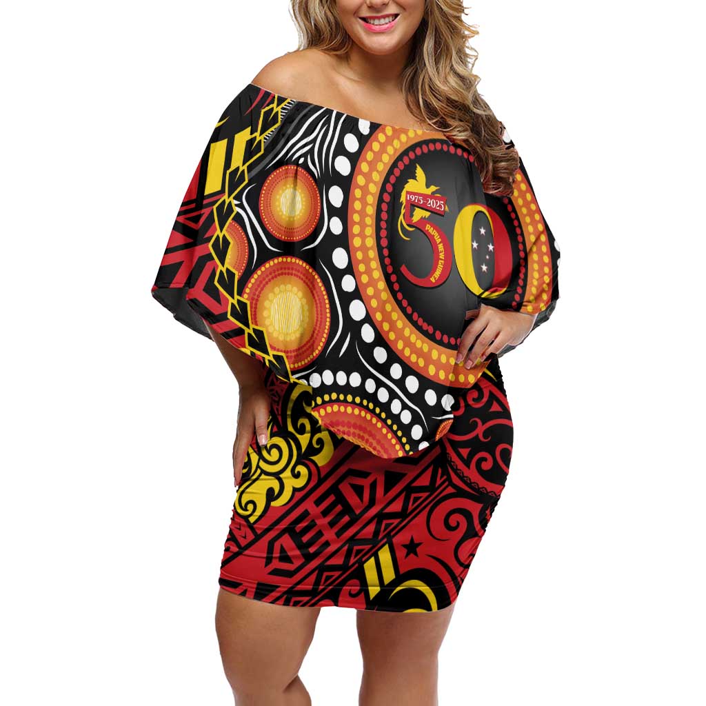 Celebrating 50 Years Papua New Guinea Off Shoulder Short Dress Aboriginal Mix Papuan Pattern - Polynesian Pride