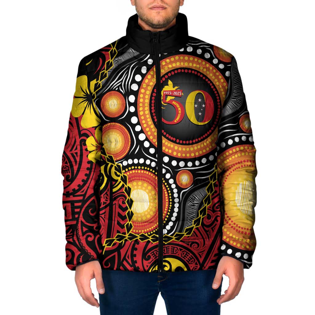 Celebrating 50 Years Papua New Guinea Padded Jacket Aboriginal Mix Papuan Pattern - Polynesian Pride