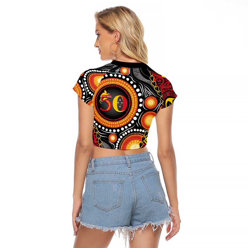 Celebrating 50 Years Papua New Guinea Raglan Cropped T Shirt Aboriginal Mix Papuan Pattern - Polynesian Pride