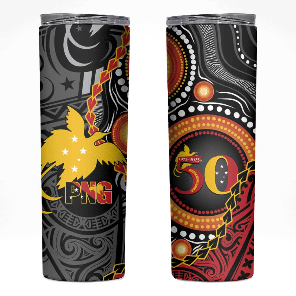 Celebrating 50 Years Papua New Guinea Skinny Tumbler Aboriginal Mix Papuan Pattern - Polynesian Pride