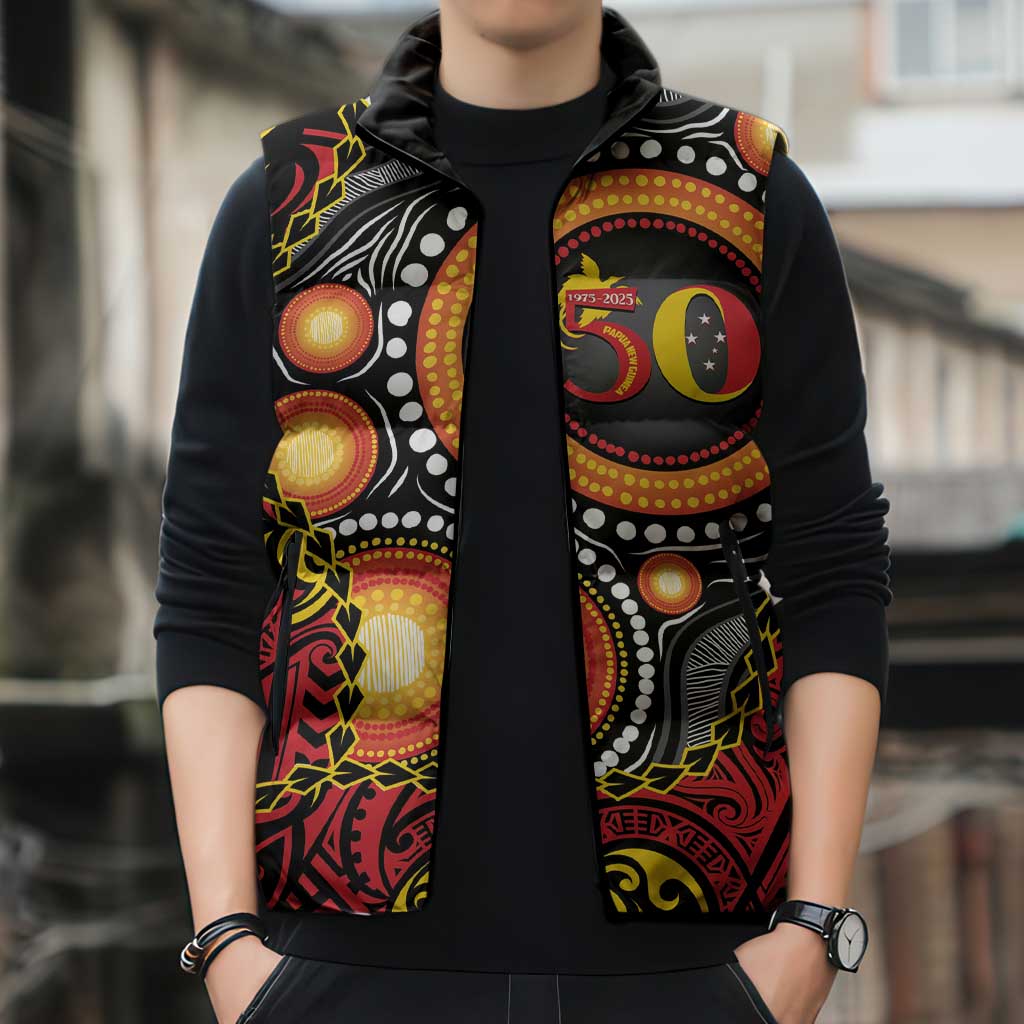 Celebrating 50 Years Papua New Guinea Sleeveless Puffer Jacket Aboriginal Mix Papuan Pattern - Polynesian Pride