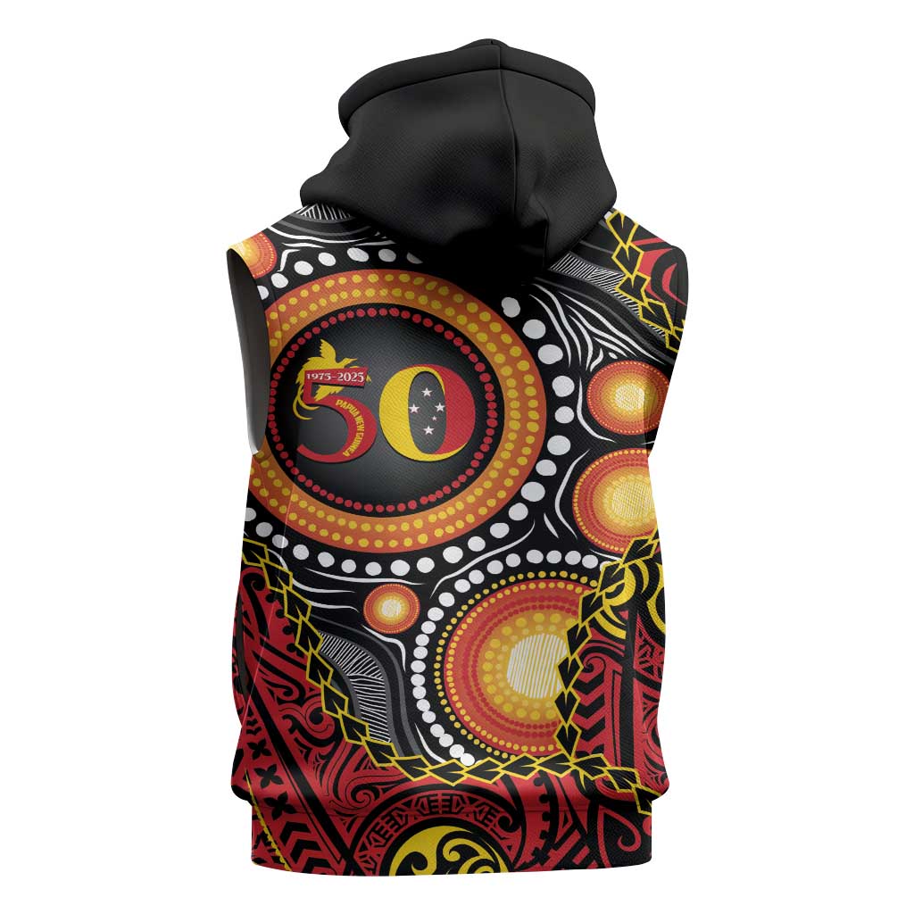Celebrating 50 Years Papua New Guinea Sleeveless Zip Hoodie Aboriginal Mix Papuan Pattern - Polynesian Pride