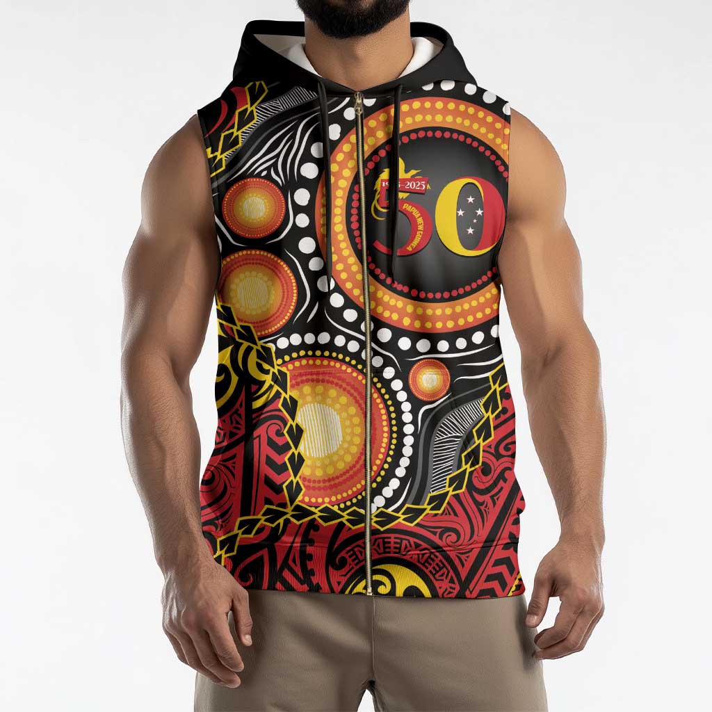 Celebrating 50 Years Papua New Guinea Sleeveless Zip Hoodie Aboriginal Mix Papuan Pattern - Polynesian Pride