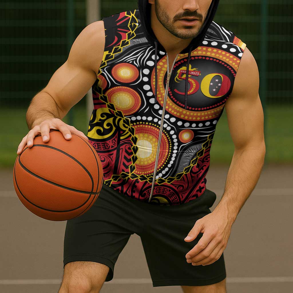 Celebrating 50 Years Papua New Guinea Sleeveless Zip Hoodie Aboriginal Mix Papuan Pattern - Polynesian Pride