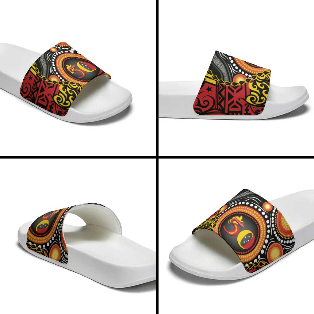 Celebrating 50 Years Papua New Guinea Slide Sandals Aboriginal Mix Papuan Pattern - Polynesian Pride