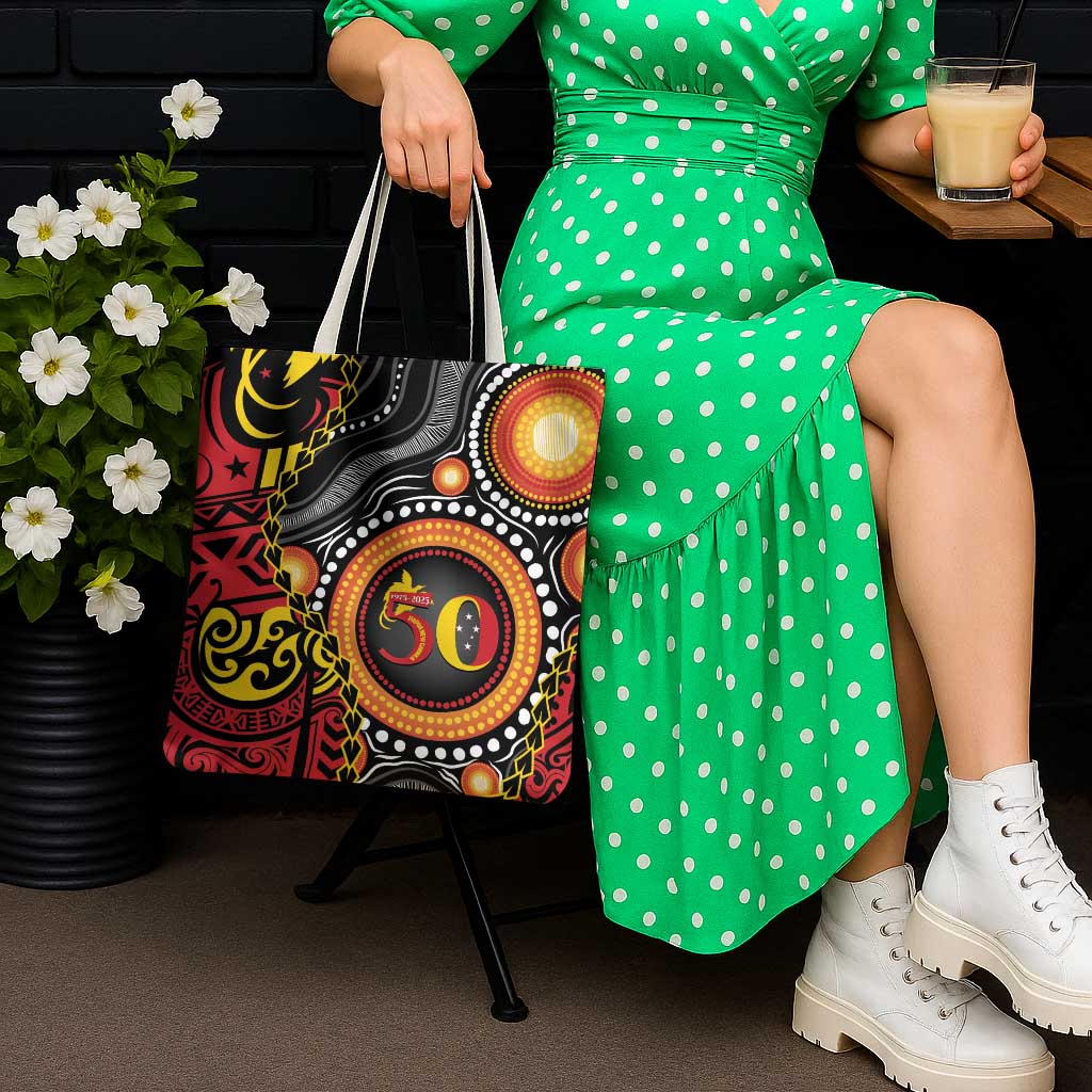 Celebrating 50 Years Papua New Guinea Tote Bag Aboriginal Mix Papuan Pattern - Polynesian Pride