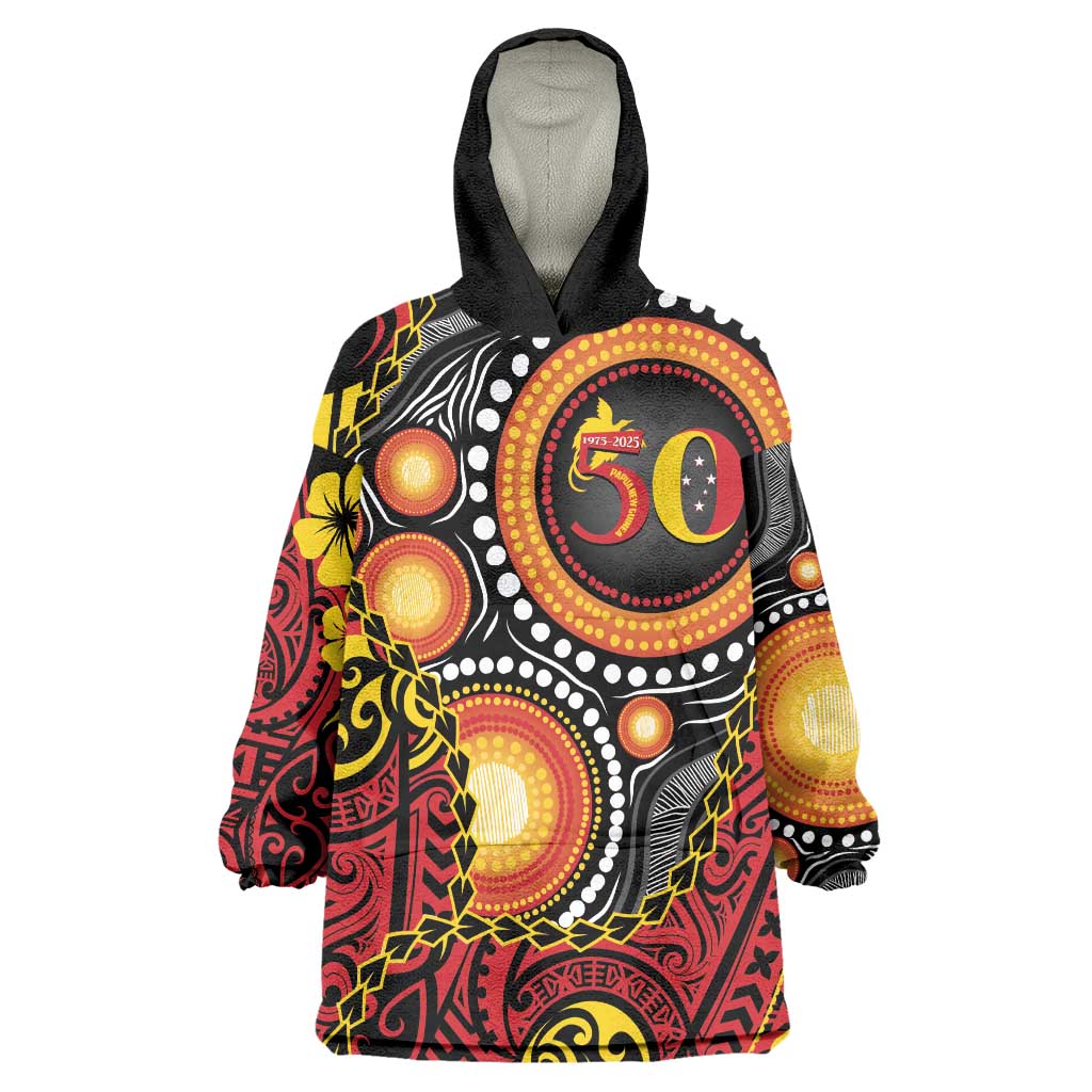 Celebrating 50 Years Papua New Guinea Wearable Blanket Hoodie Aboriginal Mix Papuan Pattern - Polynesian Pride