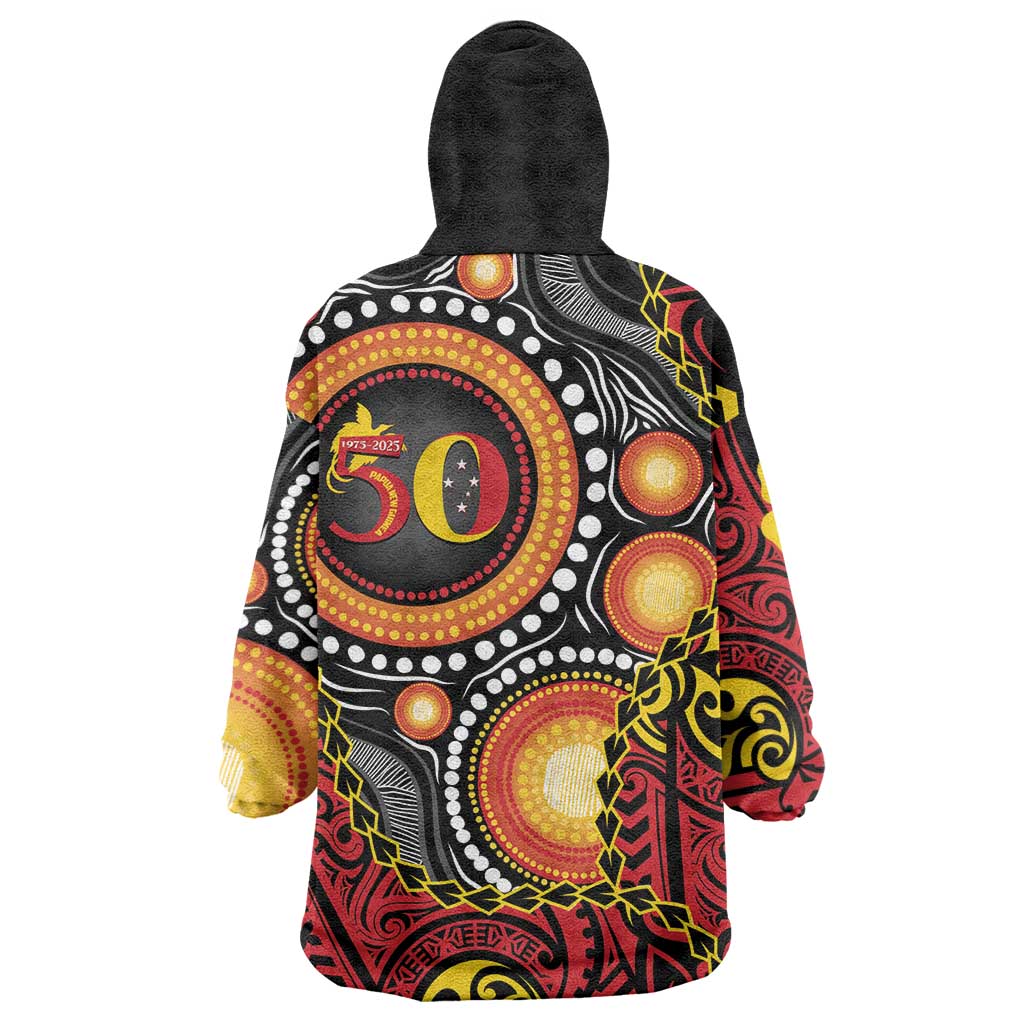 Celebrating 50 Years Papua New Guinea Wearable Blanket Hoodie Aboriginal Mix Papuan Pattern - Polynesian Pride